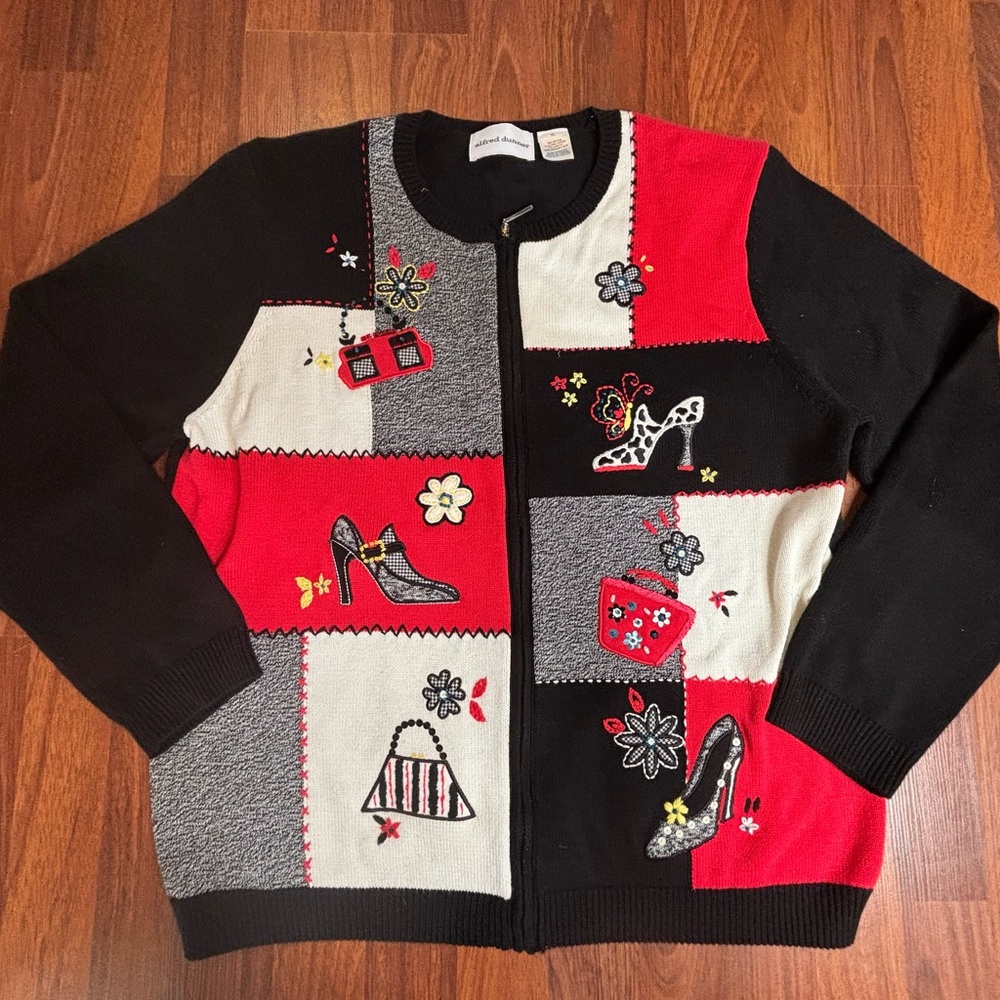 Alfred Dunner Sweater Cardigan Beaded Embroidered Women XL Grannycore Fashion